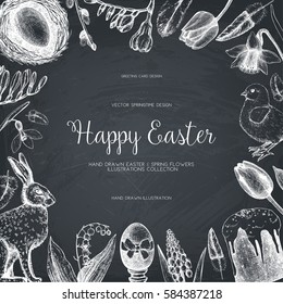 Vector card or invitation design with cute hand drawn illustrations for easter design. Happy Easter Day vintage template on chalkboard