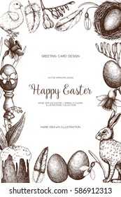 Vector card or invitation design with cute hand drawn illustrations for easter design. Happy Easter Day vintage template isolated on white background