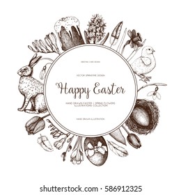 Vector card or invitation design with cute hand drawn illustrations for easter design. Happy Easter Day vintage template on chalkboard