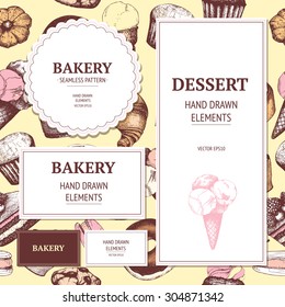 Vector card or invitation design with hand drawn dessert illustration. Vintage collection of graphic dessert sketch