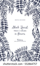 Vector card or invitation design with hand drawn Robinia flowers. Vintage frame with Black Locust sketch. Floral wedding template. Save the Date.
