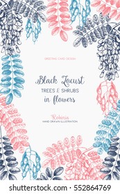 Vector card or invitation design with hand drawn Robinia flowers. Vintage frame with Black Locust sketch. Floral wedding template. Save the Date.