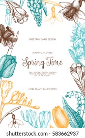 Vector card or invitation design with  hand drawn spring flowers illustrations. Vintage template on white background. Botanical sketch.