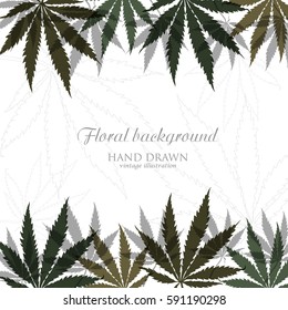 Vector card or invitation design with hand drawn Marijuana leaf. Cannabis plant