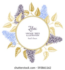 Vector card or invitation design with hand drawn floral sketch. Blooming lilac tree illustration. Vintage springtime background. 