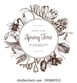 Vector card or invitation design with hand drawn spring flowers illustrations. Vintage template on white background. Botanical sketch.