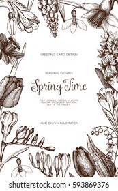 Vector card or invitation design with hand drawn spring flowers illustrations. Vintage template on white background. Botanical sketch.