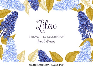 Vector card or invitation design with hand drawn floral sketch. Blooming lilac tree illustration. Vintage springtime background. 
