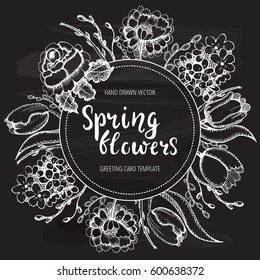 Vector card or invitation design with hand drawn spring flowers illustrations. Vintage template on chalkboard. 