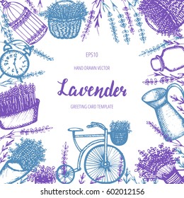 Vector card or invitation design with hand drawn lavender flowers illustrations. Vintage template on white background. Botanical provence sketch.