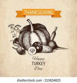 Vector card or invitation design with ink hand drawn  vegetables illustration. Vintage holiday illustration for Thanksgiving day.