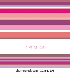 Vector card or invitation with horizontal pink, violet and white stripes. Background with white area to put your own text message. Happy, party colors for birthday, baby shower or wedding invitation