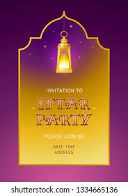 Vector card. Invitation for Iftar party celebration. Gold  illustration with shining lantern, arch, stars. Banner for Muslim feast of the holy of Ramadan month. Illustration.