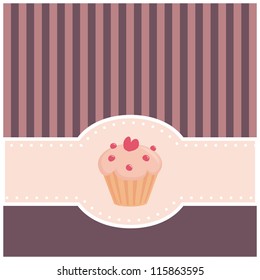 Vector card or invitation with sweet muffin cupcake, heart and pink violet strips. Vintage document template with candy symbol