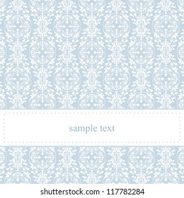 Vector card or invitation for winter party, birthday, christmas or wedding with white space to put your own text message. Elegant sweet baby blue background and white ornament lace.