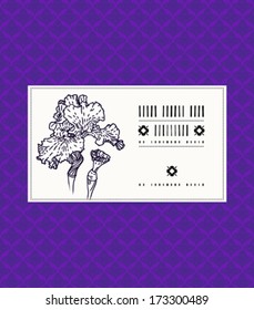 Vector card with iris on ornamental deep violet background. Template for spa promotion, flower shop gift card, soap package, spring sale coupon, perfume box design, business card, wedding invitation