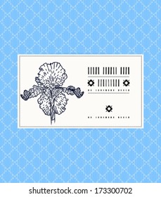 Vector card with iris on ornamental sky  blue background. Template for spa promotion, flower shop gift card, soap package, spring sale coupon, perfume box design, business card, wedding invitation