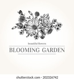 Vector card with a isolated bouquet of garden flowers.  Graphics. Black and white illustration.