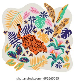 Vector card with jaguar and rain-forest plants. Trendy tropical design for a t-shirt
