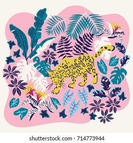 Vector card with jaguar and rainforest plants. Trendy tropical design for a t-shirt