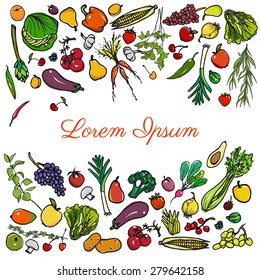 Vector card with juicy hand drawn vegetables, fruit and culinary herbs. Invitation or greeting card. Cool design elements.