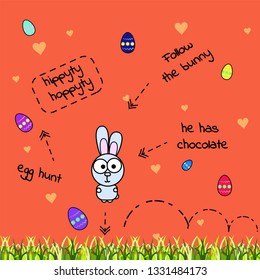 Vector card with jumping gray comic rabbit and scattered paint eggs. Egg hunt. The bunny has chocolate. Illustration with a thick outline on an orange background. running on green grass.