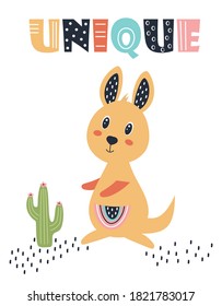 vector card with kangaroo and lettering unique, illustration for children print, greeting poster, cute animal, scandinavian style