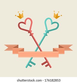 Vector card with key in heart shape, crown, banner. Hipster valentine, wedding concept of couple enamored