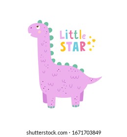 Vector card for kids with cute little dinosaur and funny lettering. Graphic illustration with fantastic animal for children