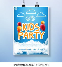 Vector Card Kids Party Event. Lettering Flyer Design. Cartoon Banner Or Poster For Kids Event.