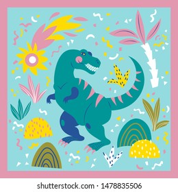 Vector card with a kind tyrannosaur in the memphis style