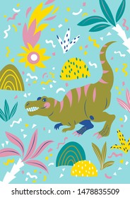 Vector card with a kind tyrannosaur in the memphis style