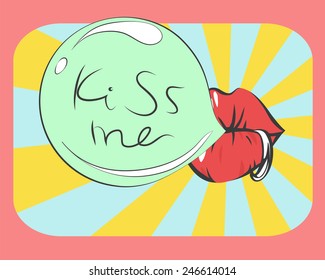 Vector Card With Kiss Me Lettering, Bubble Gum And Piercing Lips. Pop Art Background