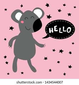 Vector card with koala. Illustration for children's prints, greetings, posters, t-shirt, packaging, invites. Cute animal. Element for your design. Postcard with hello text. Funny cartoon animal.
