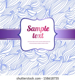 Vector  card with label, pattern hand drawn, doodle blue wave and swirl