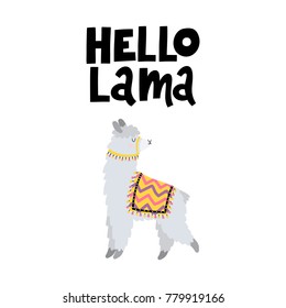 Vector card with lama and text Hello lama.