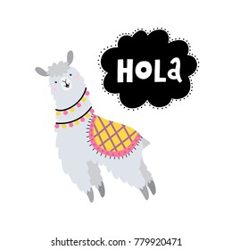 Vektorillustration mit Lama und Text Hola.