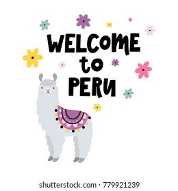 Vector card with lama and text Welcome to Peru.