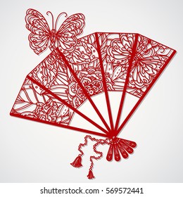 Vector card laser cut template. Cutout silhouette decorated with an openwork fan. Vintage decorative elements. Hand drawn background. Islam, Arabic, Indian, ottoman motifs. Vector illustration
