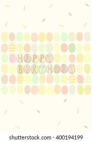 vector card layout with ovals with different patterns and colors, and with candy, and text "happy birthday"