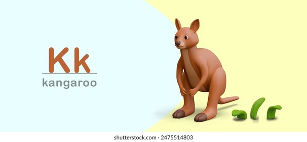 Vector card for learning letter K. Color template with 3D kangaroo