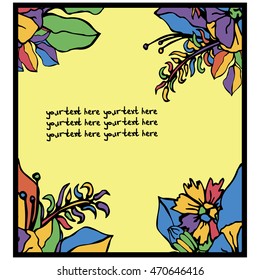 Vector card of leaves of plants and flowers. There is a place for your text. Handmade. It can be used for packaging, invitations, postcard holiday,