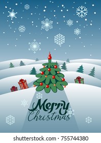Vector card with lettering merry christmas on a snowy landscape background