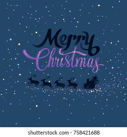Vector card with lettering merry christmas on a night sky background