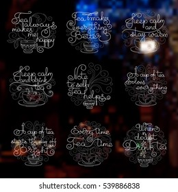 Vector card with Lettering tea typography set. Calligraphy hand written quotes about tea. White lines on a night background.