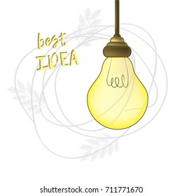 Vector card. A light bulb on a background of leaves of plants. The inscription is the best idea.