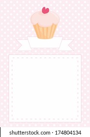 Vector card, list or baby shower invitation with sweet retro cupcake on pink vintage pattern white polka dots texture background with white space for your own text message. Restaurant or wedding menu