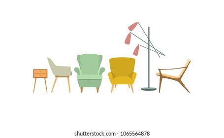 Vector card with living room furniture in mid century modern style. Beautiful logo or advertising design elements, perfect for any business related to the furniture industry.