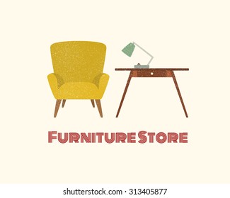 Vector Card With Living Room Furniture In Mid Century Modern Style. Beautiful Logo Or Advertising Design Elements, Perfect For Any Business Related To The Furniture Industry.