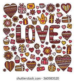 Vector card "LOVE". Doodle hearts with ornament. Pink colors. Valentines day design.